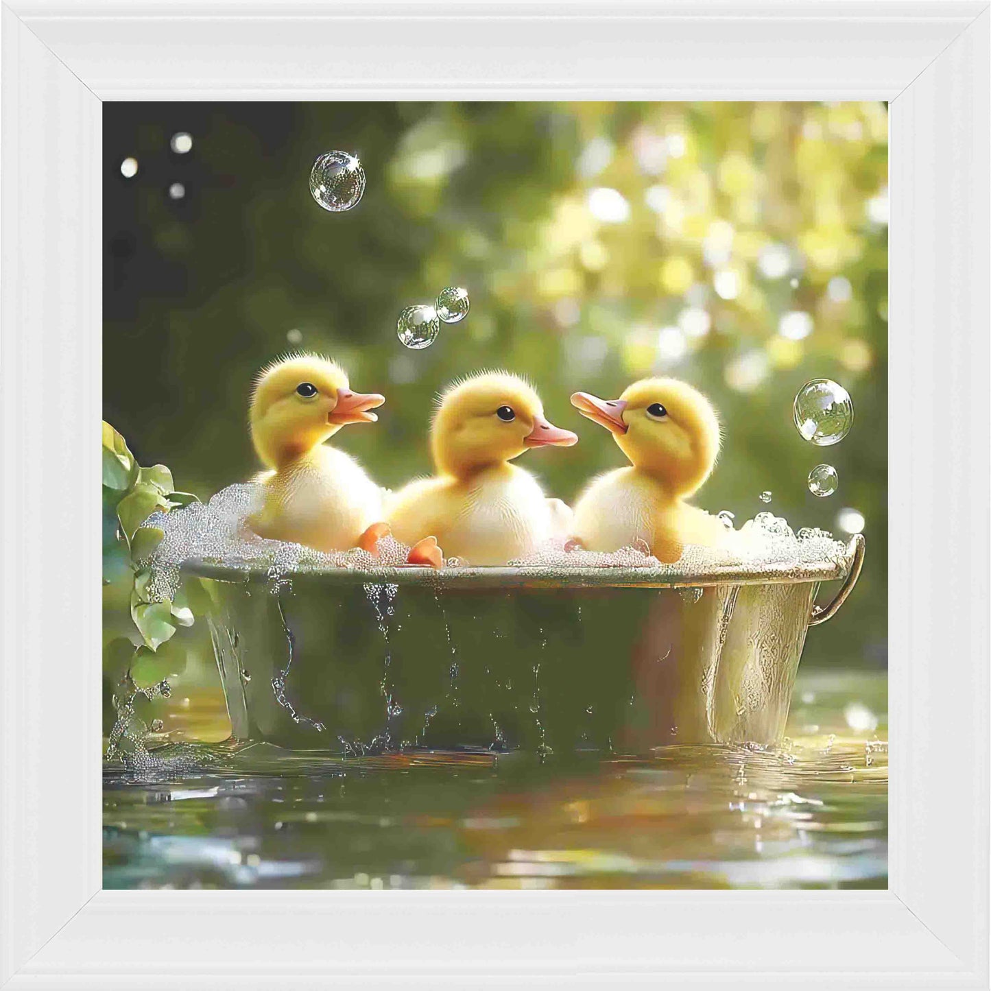 3 Ducklings In Tin Bath Framed Wall Art - White