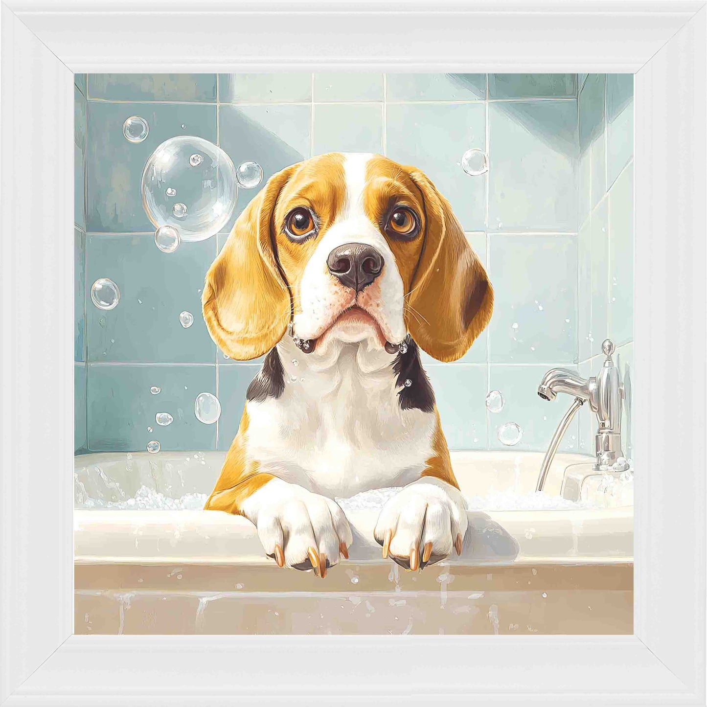Beagle In Bath Framed Wall Art - White