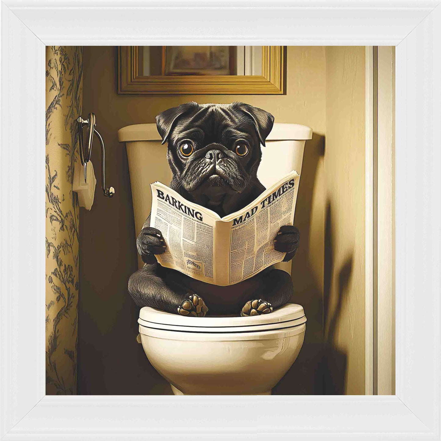 Black Pug Toilet Framed Wall Art - White