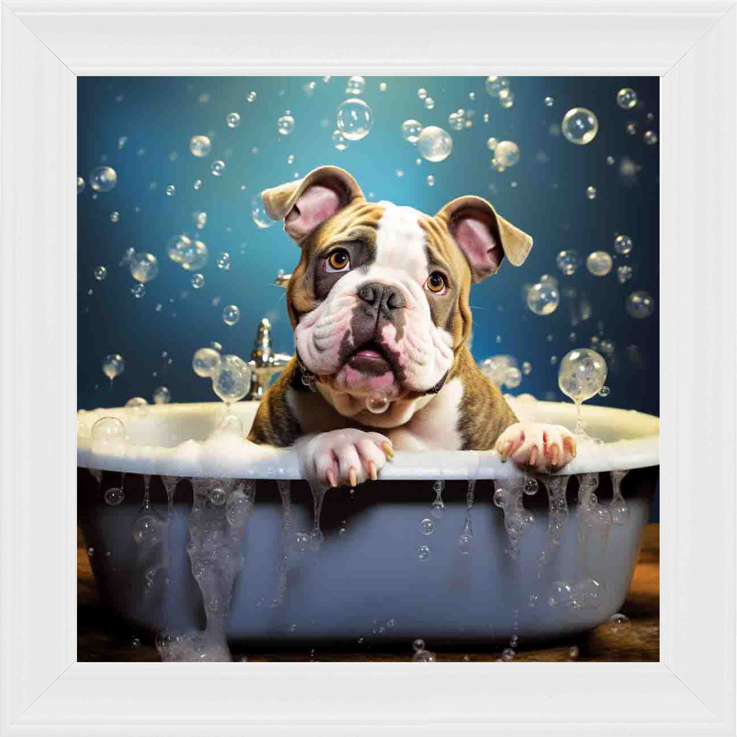 Bulldog Grey Bubble Bath Framed Wall Art - White