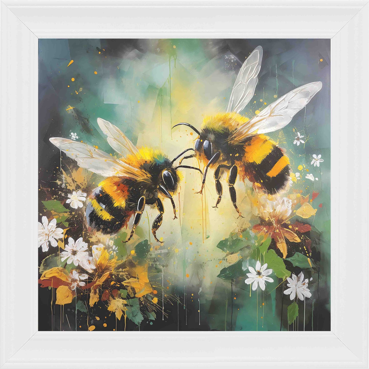 Bumble Bee Best Friends Yellow and Green Framed Wall Art - White