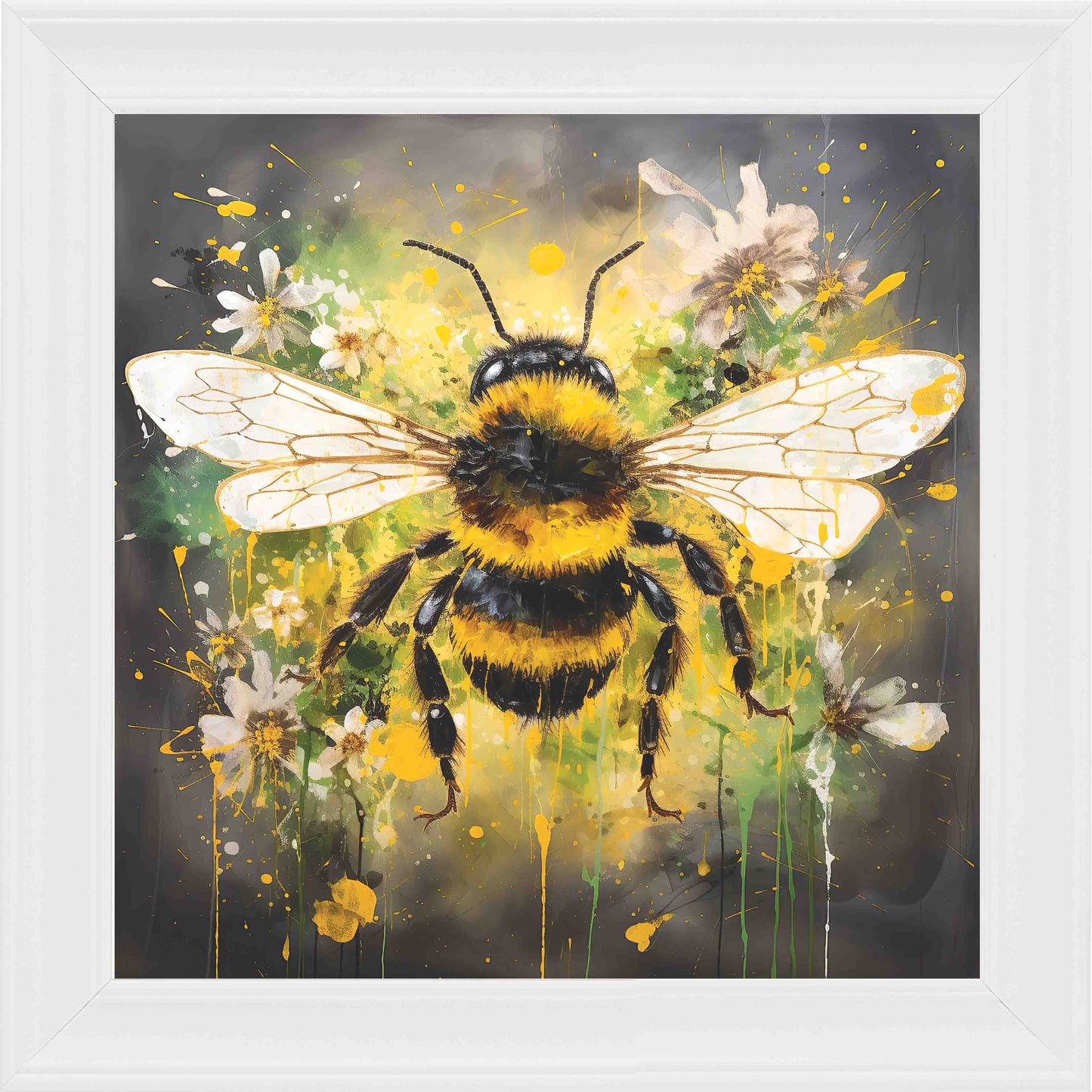 Bumble Bee Green and Yellow Framed Wall Art - White