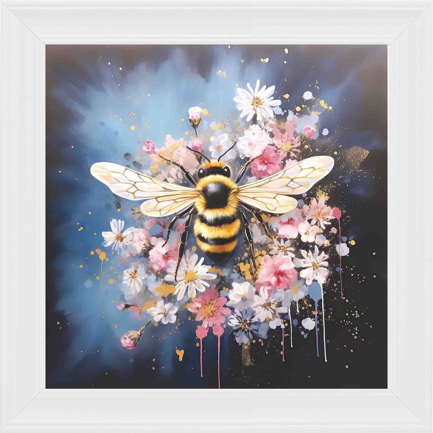 Bumble Bee Pink and White Framed Wall Art - White