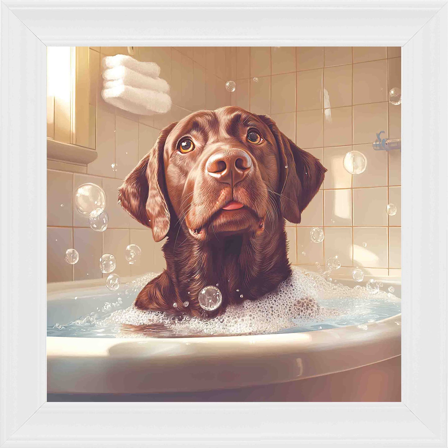 Chocolate Labrador Bubble Bath Framed Wall Art - White