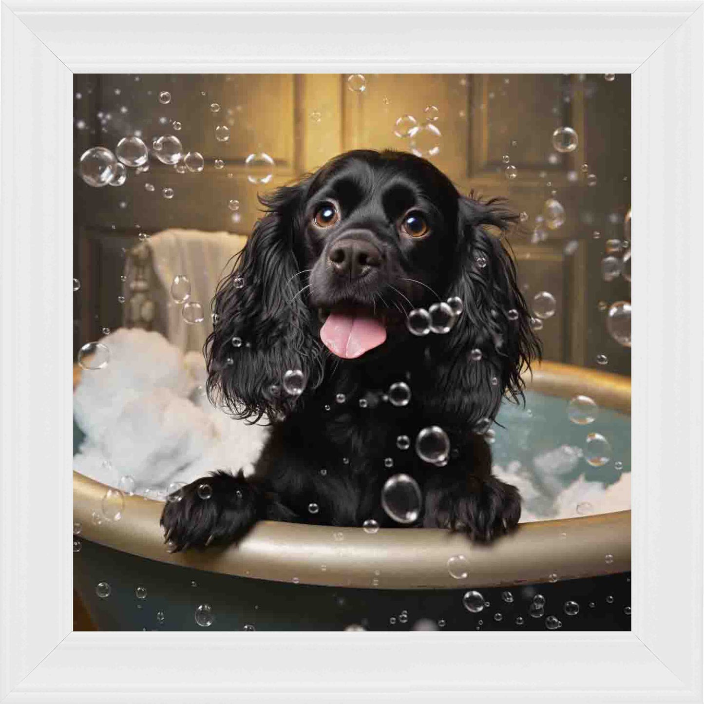 Cocker Spaniel Bubble Bath Framed Wall Art - White
