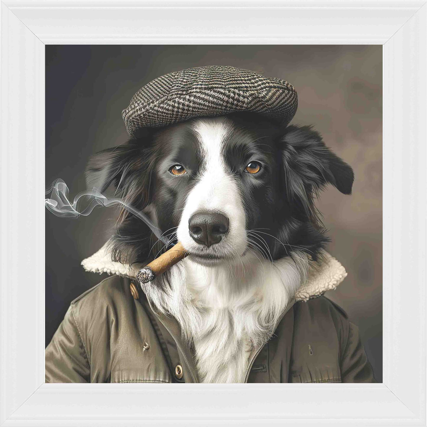 Country Black And White Border Collie Smoking Framed Wall Art - White