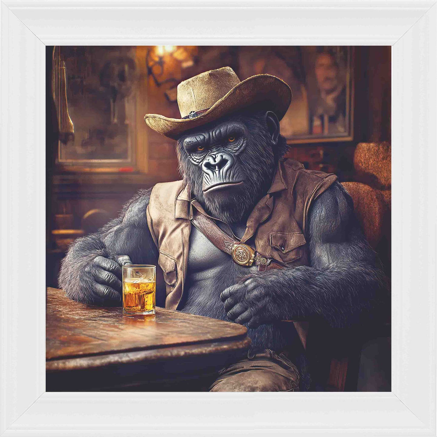 Cowboy Gorilla Framed Wall Art - White