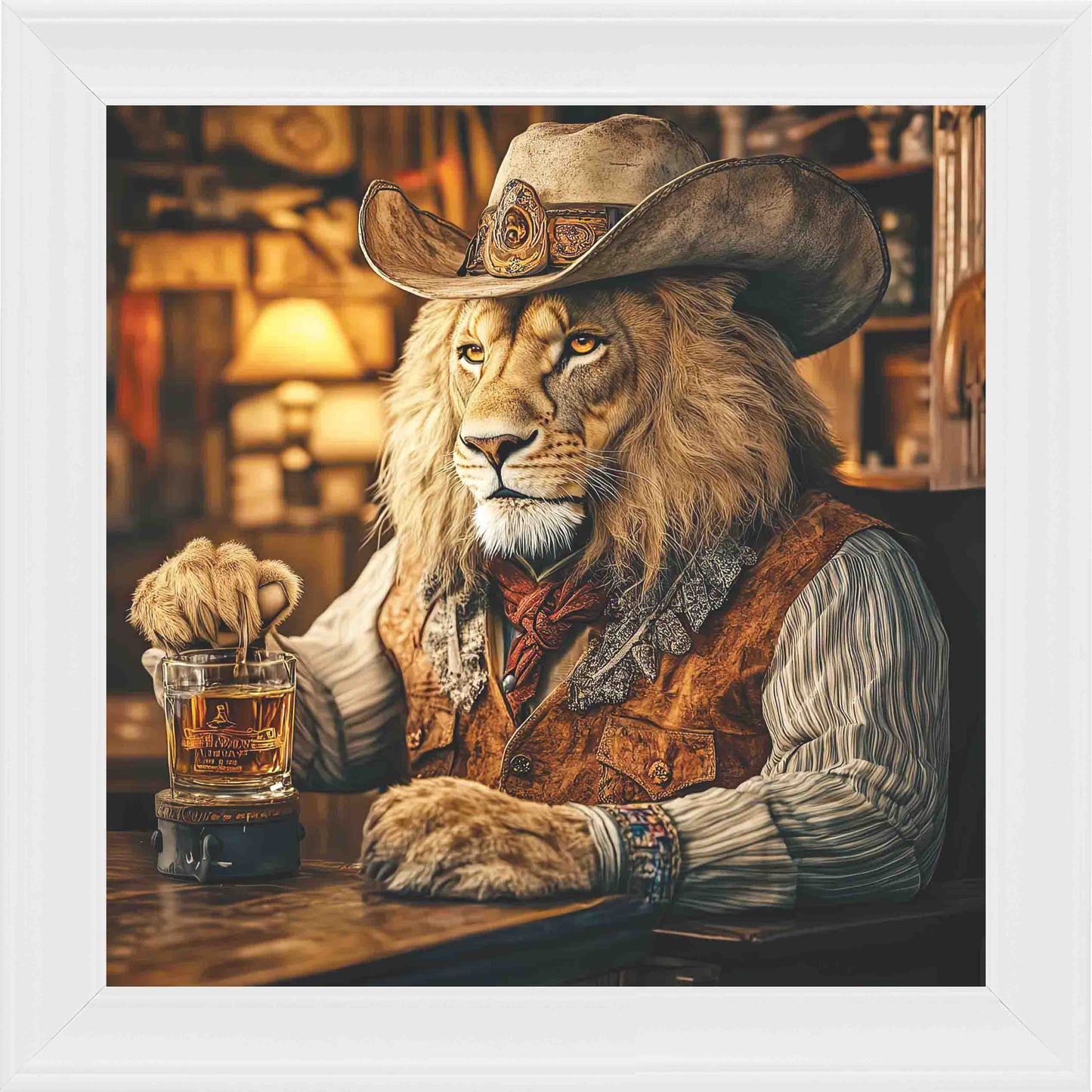 Cowboy Lion Framed Wall Art - White