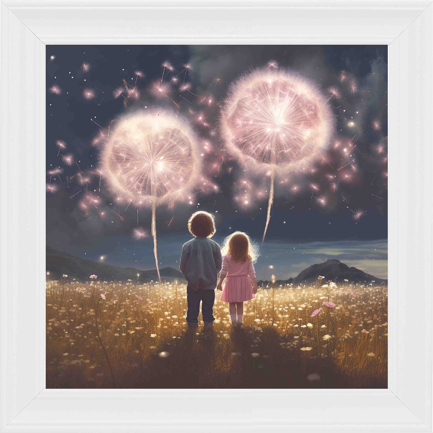 Dandelion skies at Twilight Framed Wall Art - White
