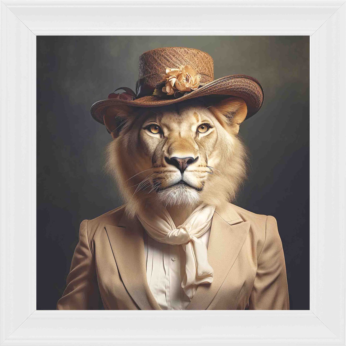 Dressed Up Lionness Framed Wall Art - White