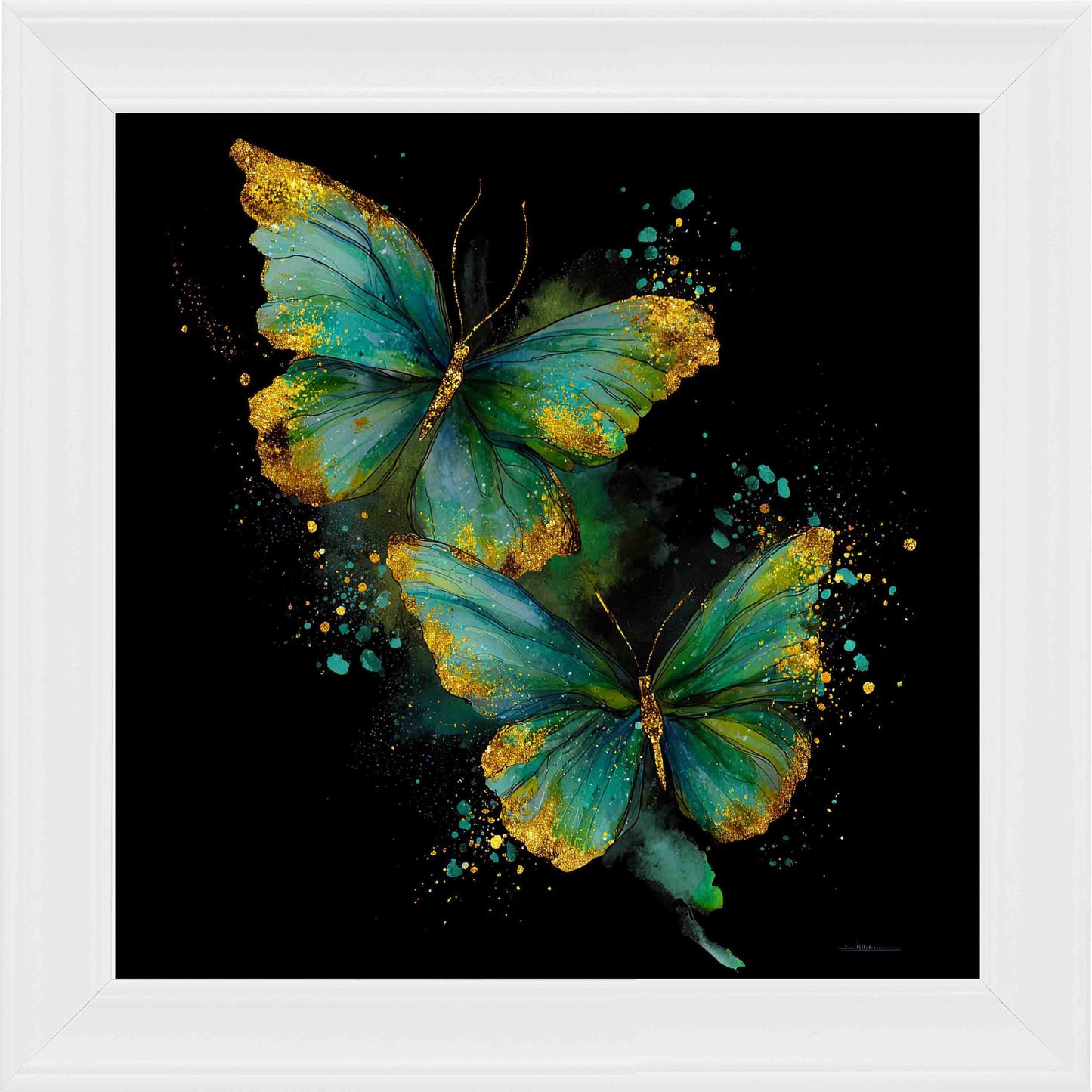 Emerald and Gold Butterflies Framed Wall Art - White