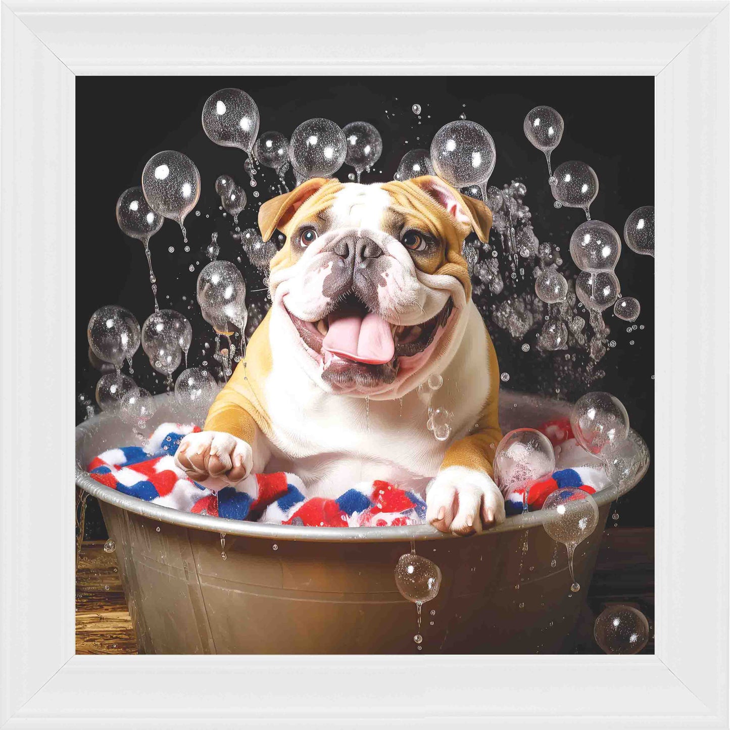 English Bull Dog Bubble Bath Towel Framed Wall Art - White