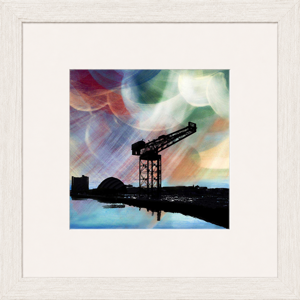 Finnieston Crane by Esther Cohen framed wall art print showing Glasgow's iconic crane beside the Clyde in cool blue tones