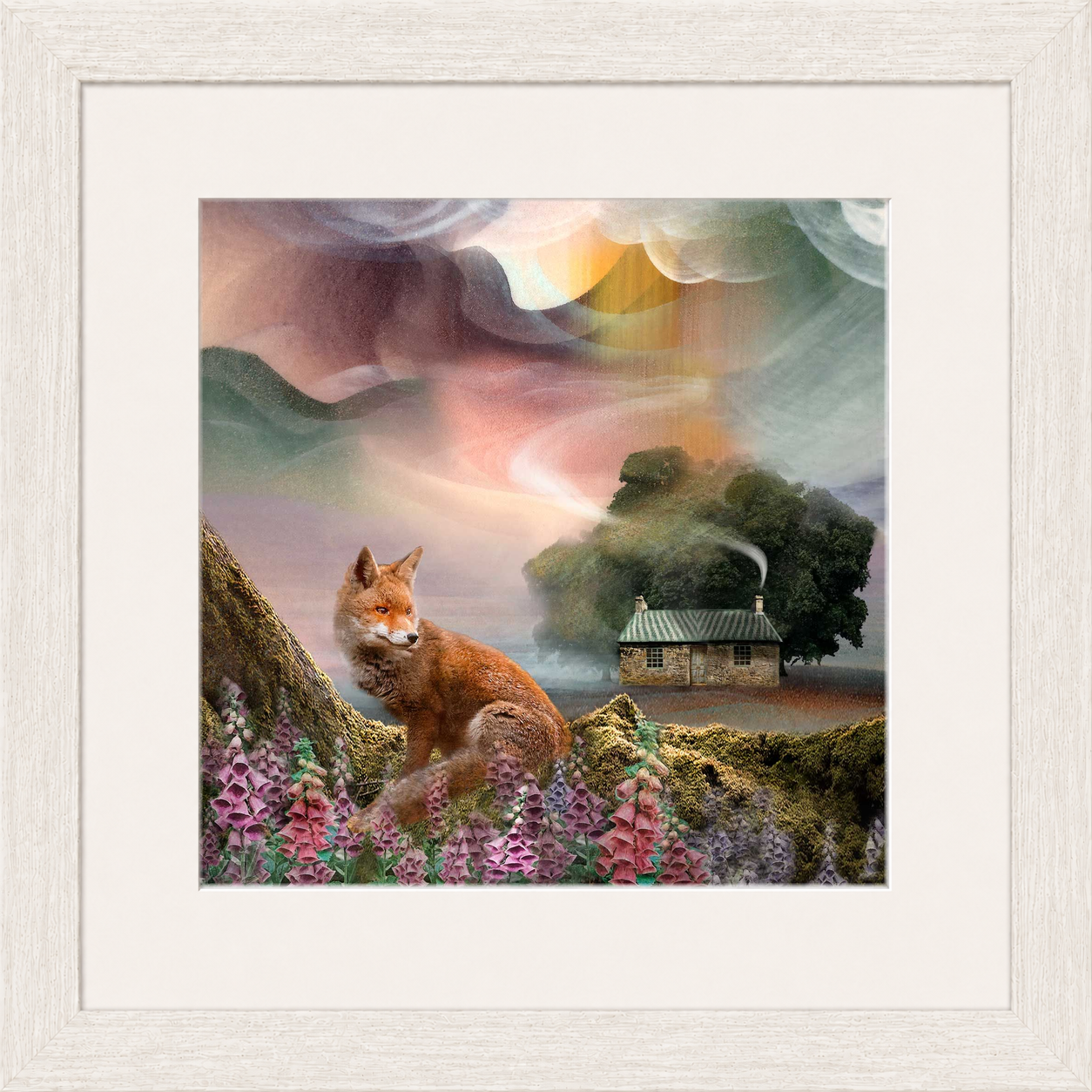 Foxy Bothy by Esther Cohen framed wall art print showing a fox beside a Scottish bothy