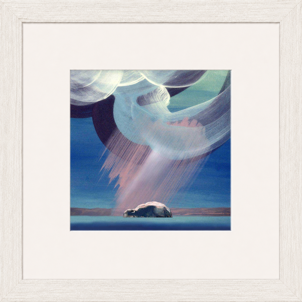 Pink Bass Rock by Esther Cohen framed wall art print showing Bass Rock in a soft pink and blue coastal scene