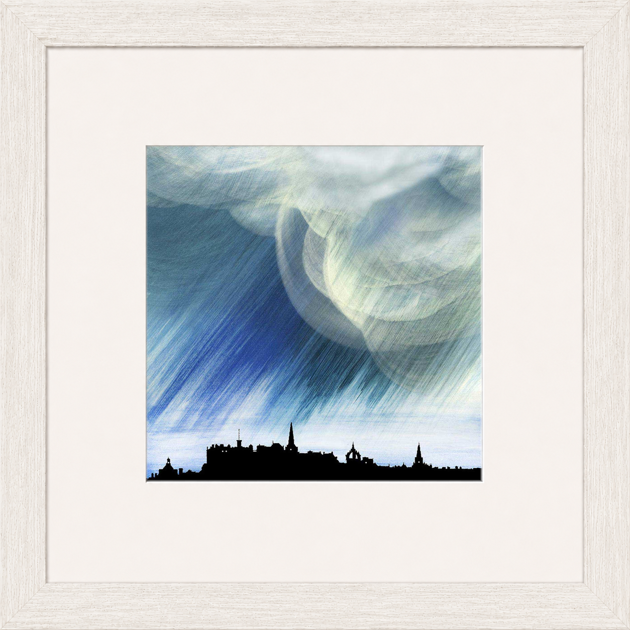 Rain Storm over Edinburgh by Esther Cohen framed wall art print showing the city skyline beneath dramatic blue storm clouds