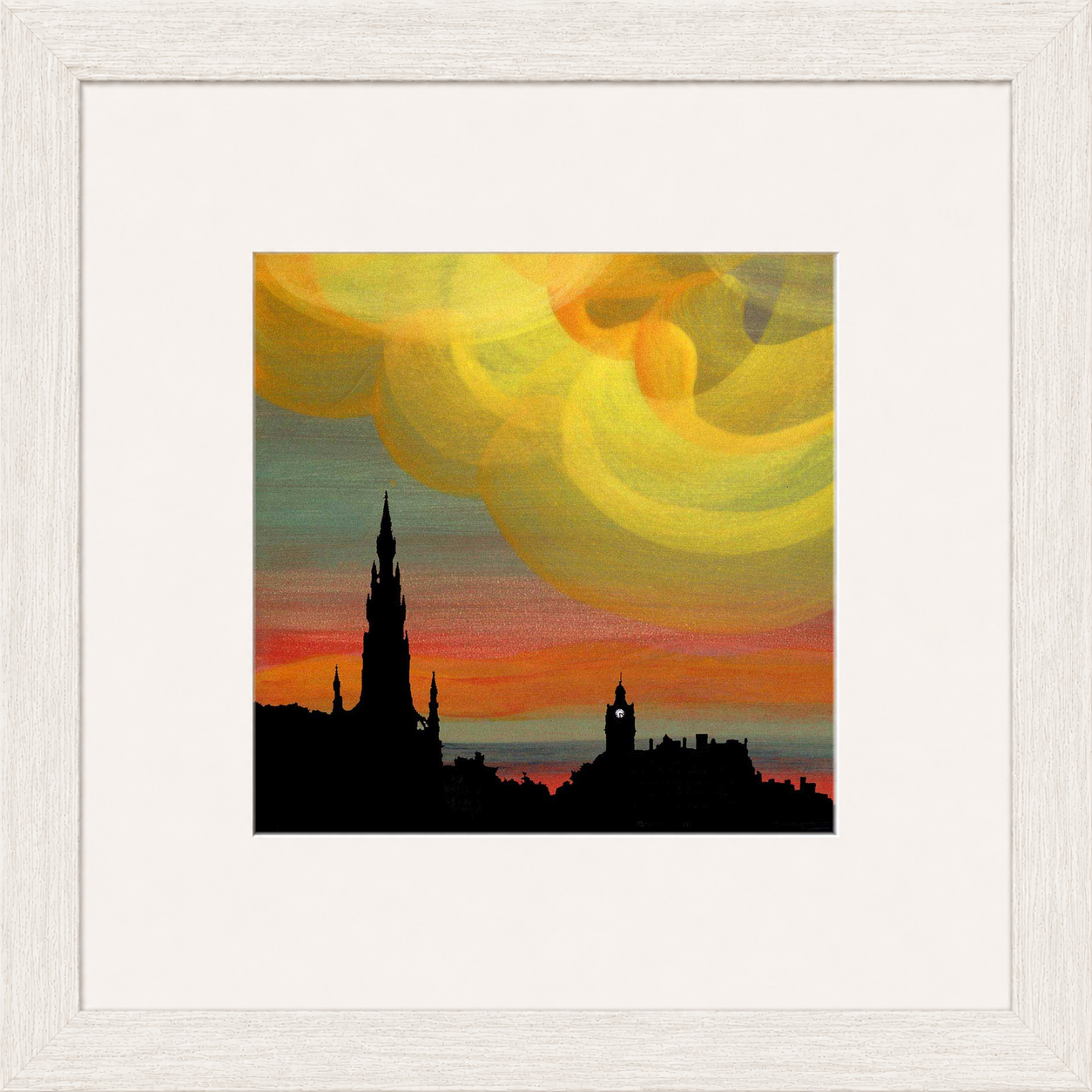 Scott Monument Sunset Edinburgh by Esther Cohen framed wall art print showing the landmark against a glowing sunset