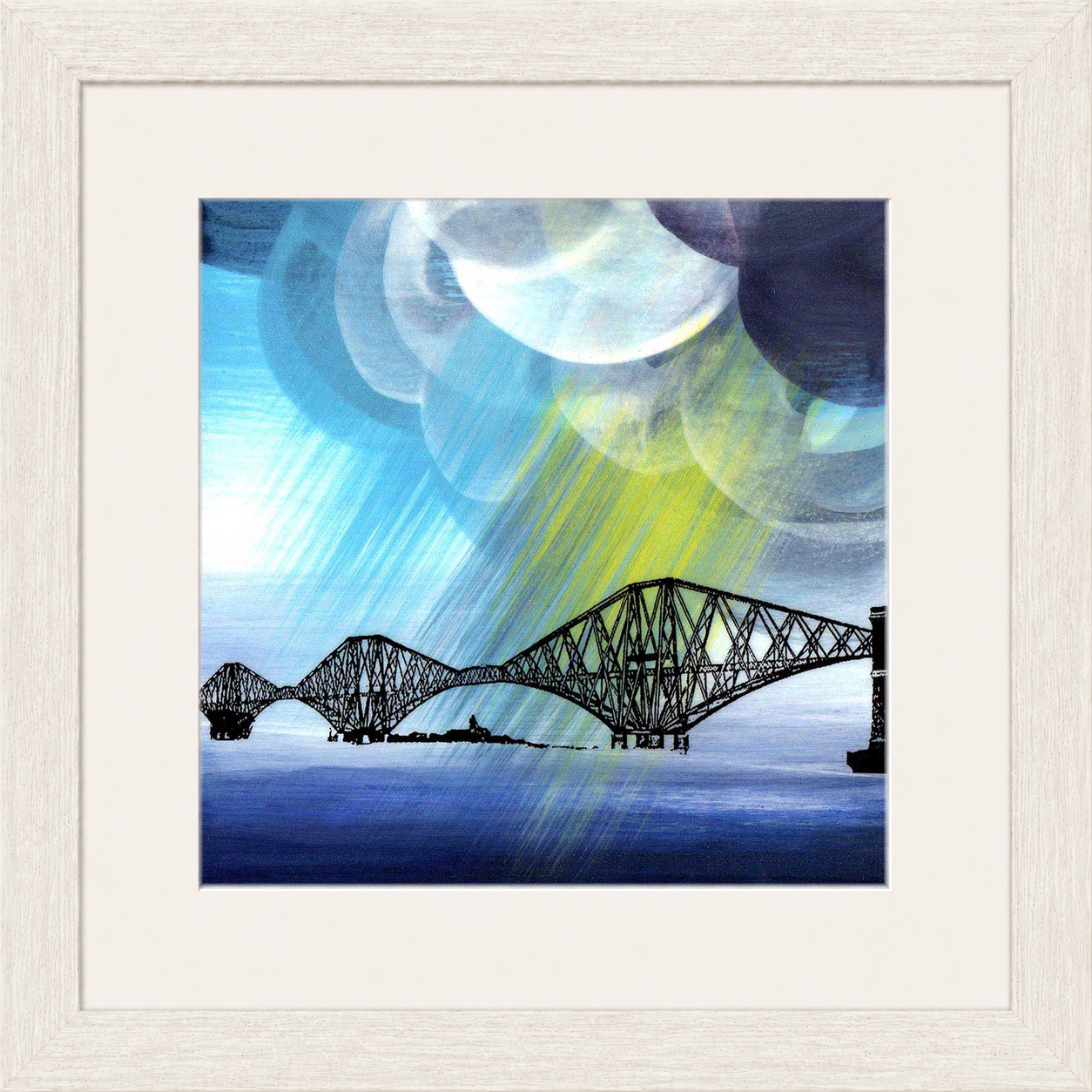 Storm Clouds over Forth Bridge by Esther Cohen framed wall art print showing the iconic bridge beneath dramatic clouds