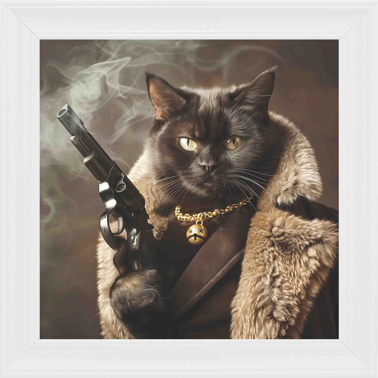 Gangster Black Cat Gun Fur Coat Framed Wall Art - White