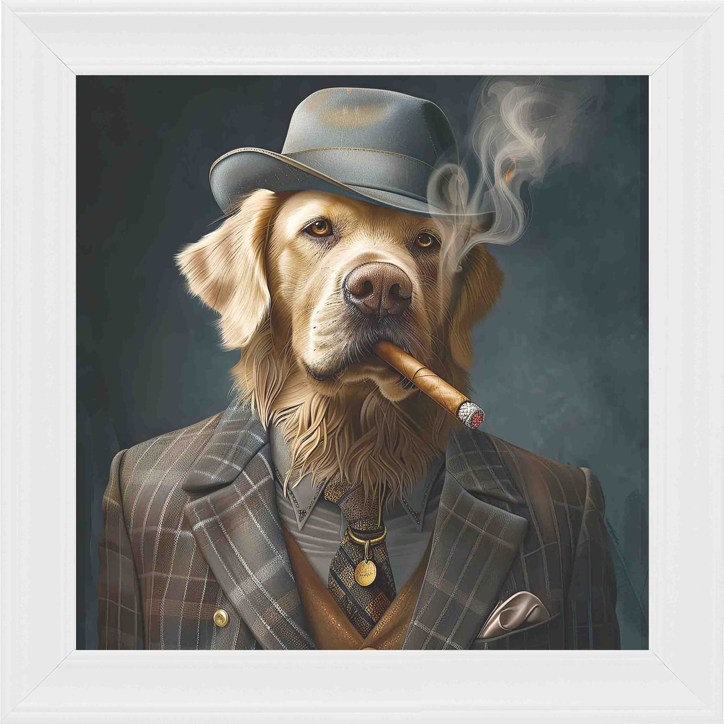 Gangster Blonde Labrador Smoking Framed Wall Art - White