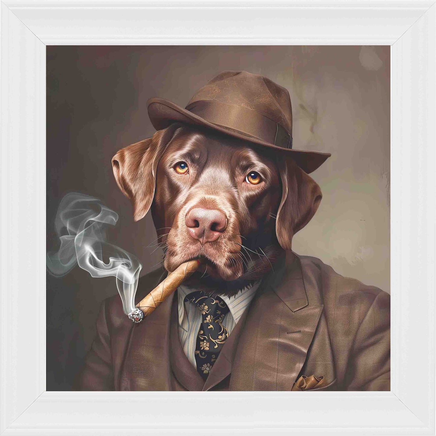 Gangster Chocolate Lab Smoking Framed Wall Art - White