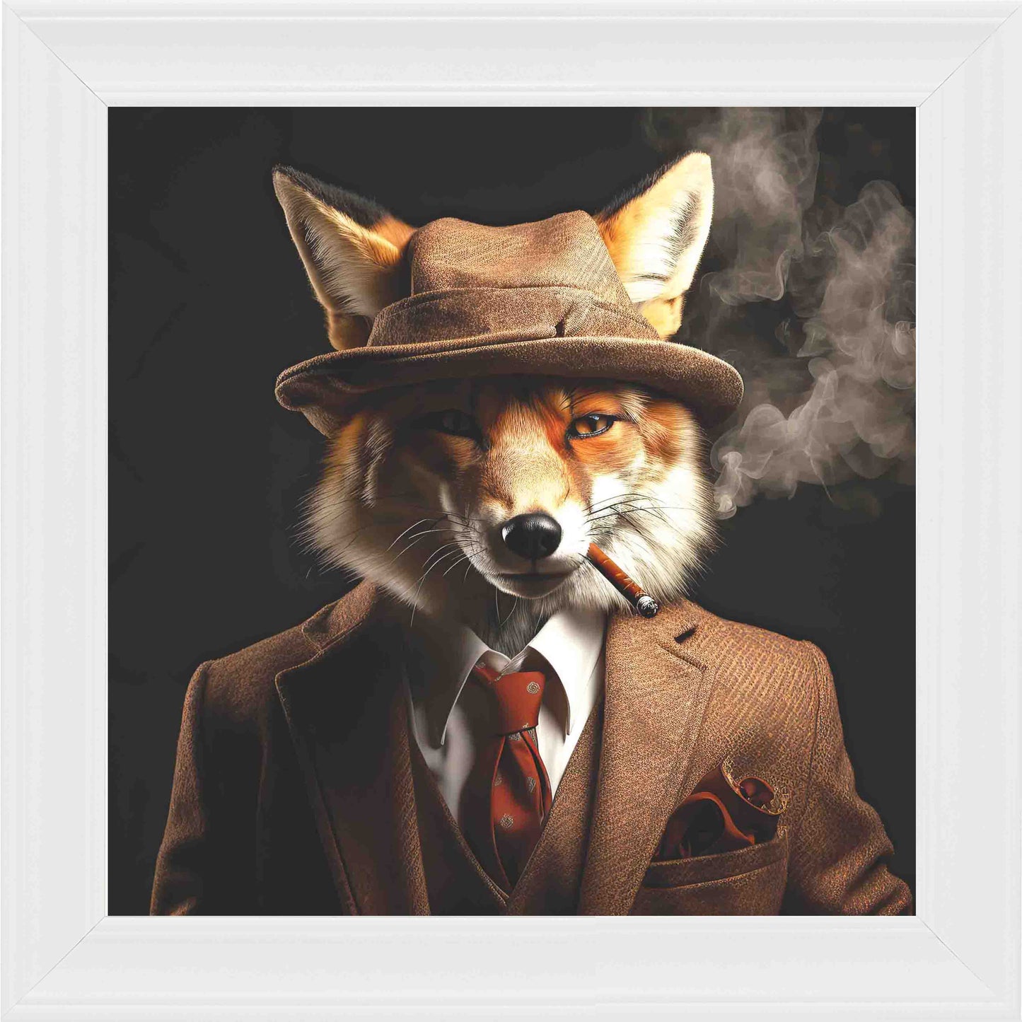 Gangster Fox Smoking Brown Suit Framed Wall Art - White