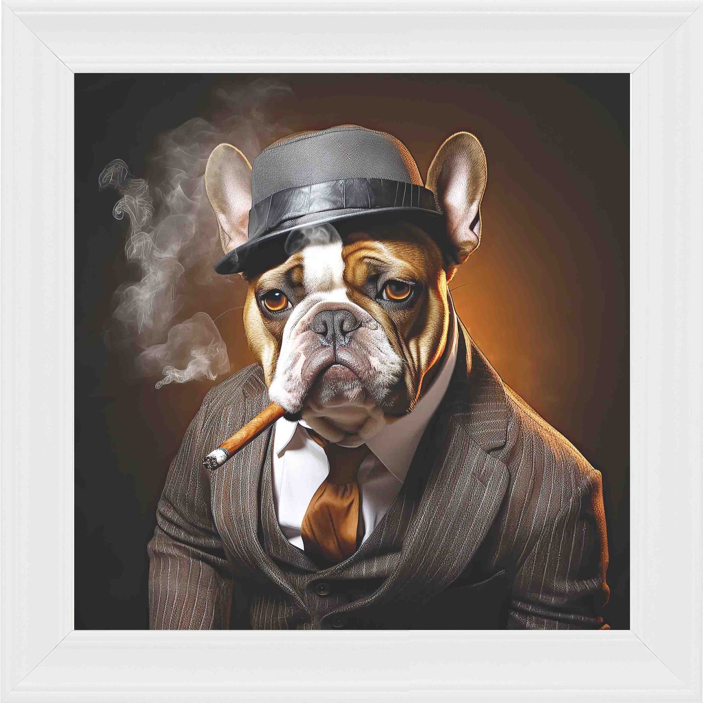 Gangster French Bull dog brown smoking Framed Wall Art - White