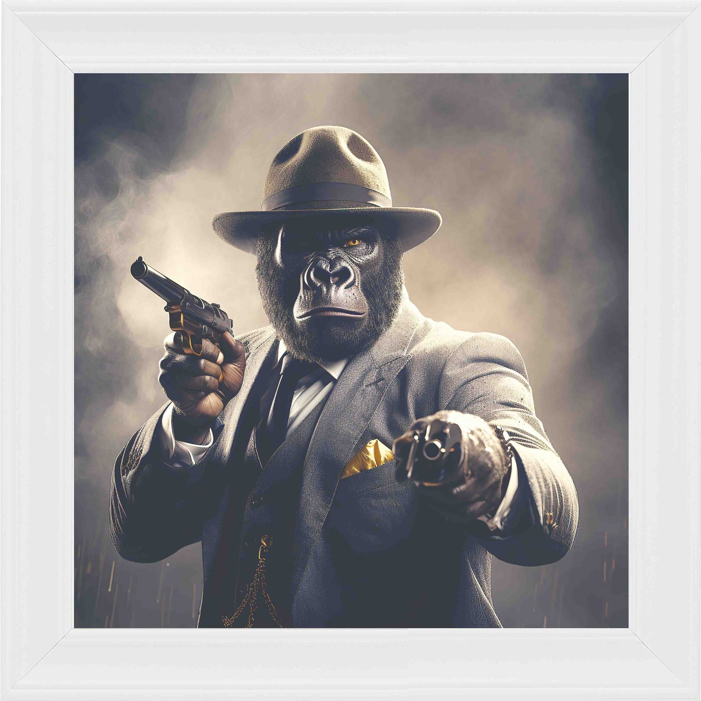 Gangster Gorilla Gun Framed Wall Art - White