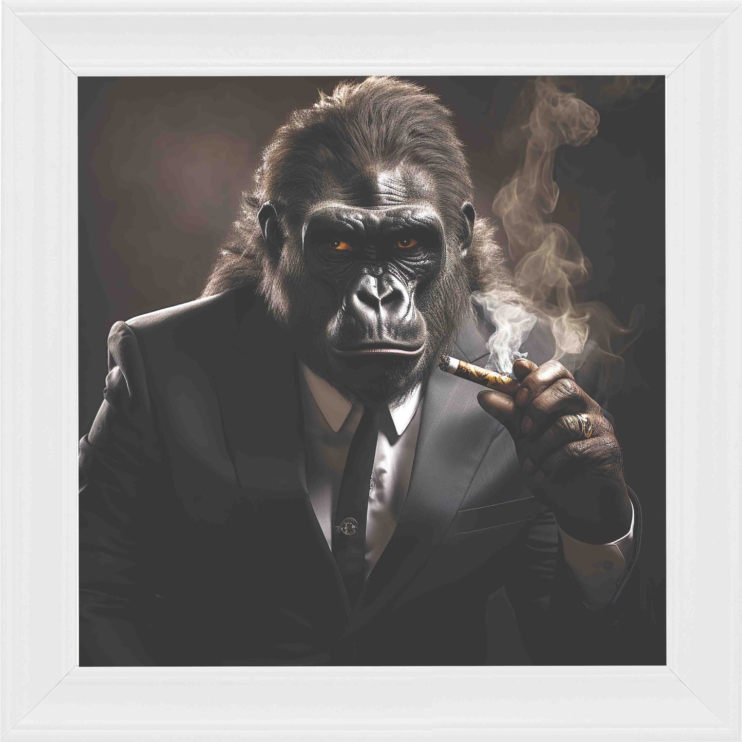 Gangster Gorilla Smoking Framed Wall Art - White