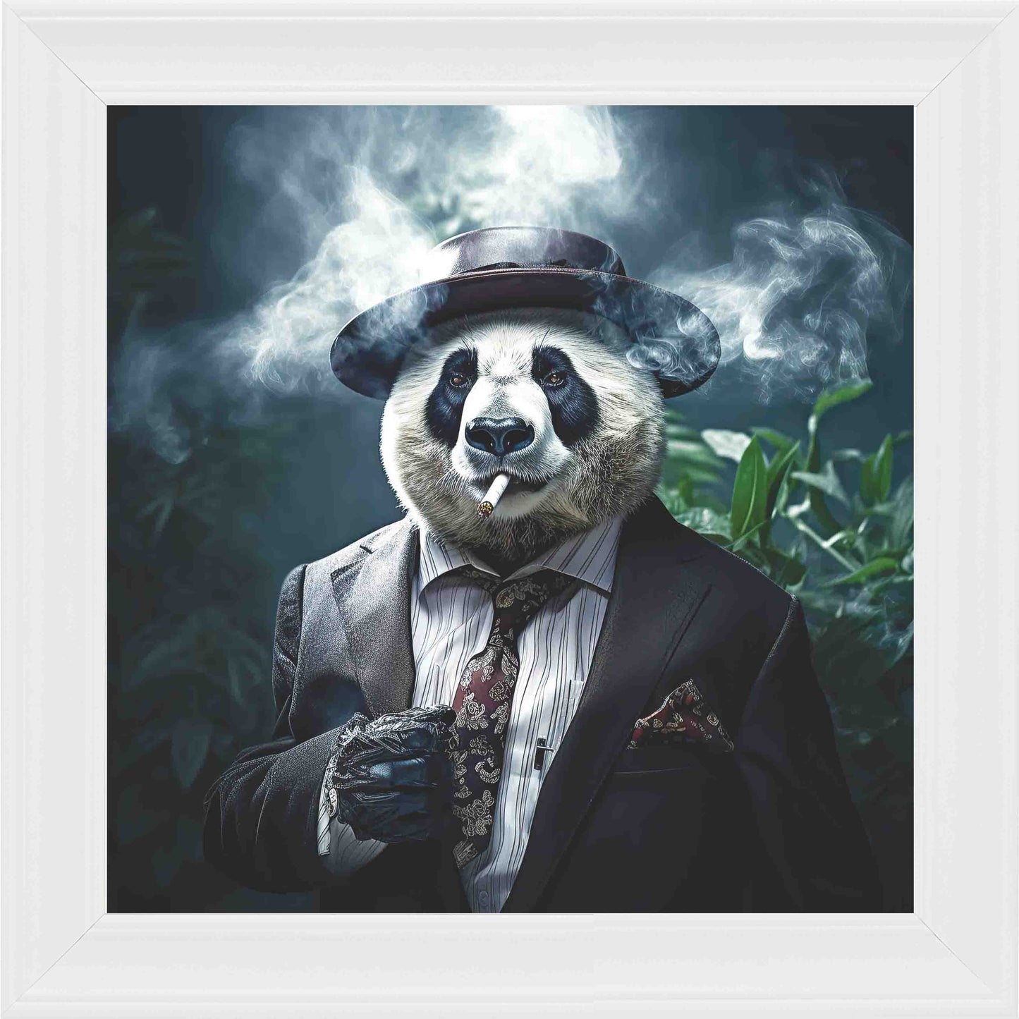 Gangster Panda Smoking Green Leaves Framed Wall Art - White
