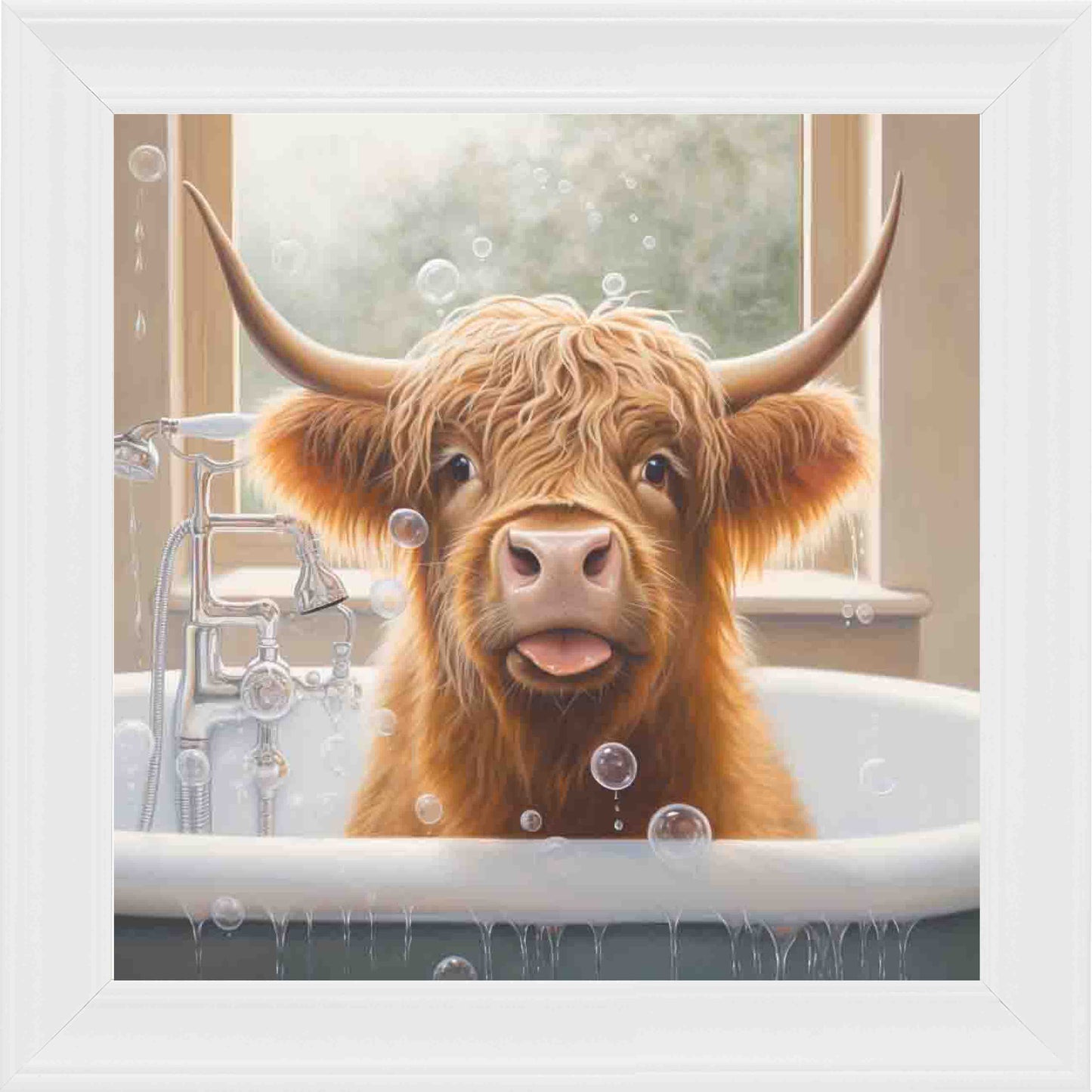 Highland Cow Bubble Bath Framed Wall Art - White