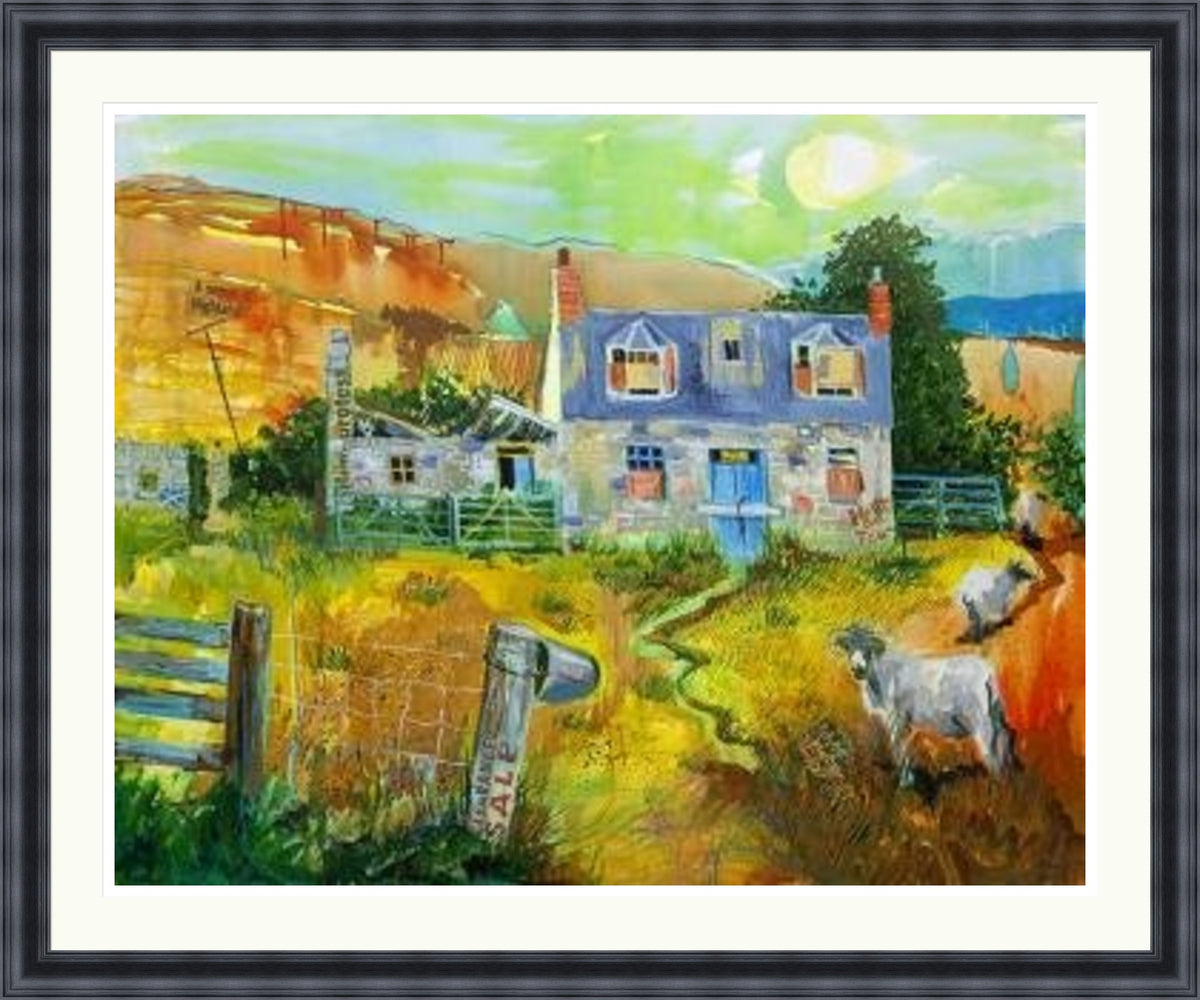 Clearance at Mains Farm by Ann Vastano framed wall art print showing a stone farmhouse, sheep, fencing and warm countryside fields