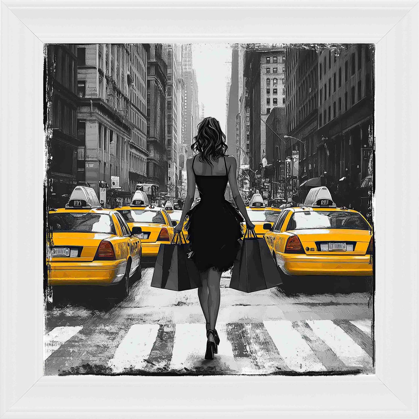 Shopping In The Bustle Framed Wall Art - White