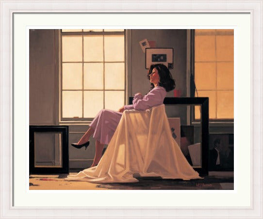 Winter Light and Lavender by Jack Vettriano framed wall art print featuring a woman in a lavender dress lost in quiet thought
