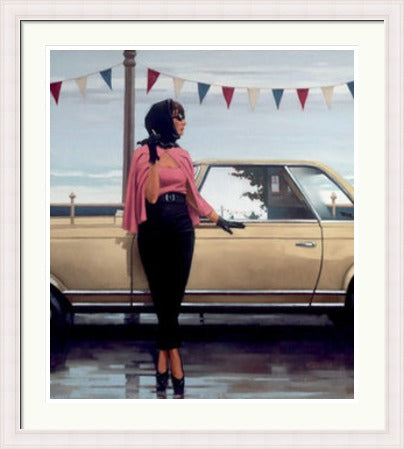 Suddenly One Summer by Jack Vettriano framed wall art print featuring a glamorous woman in sunglasses and a scarf beside the coast