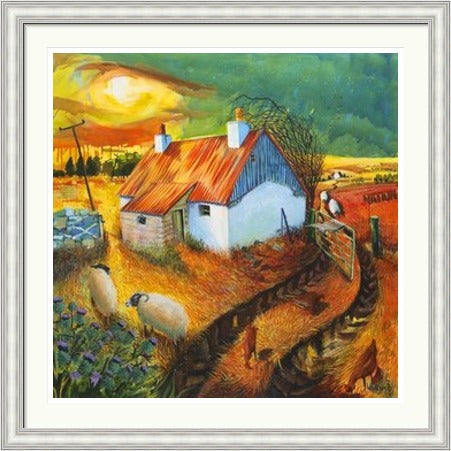 The Croft Winds of Change by Ann Vastano framed wall art print showing a white croft with a red roof, sheep, stone walls and a changing sky
