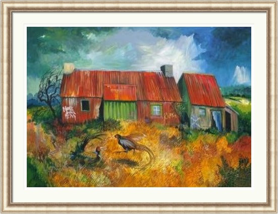 Hope Over Fear by Ann Vastano framed wall art print showing a rustic croft, long golden grasses and a running hare