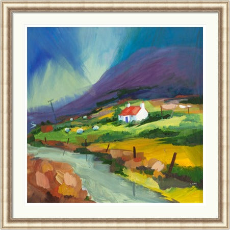 McPherson's Cottage by Ann Vastano framed wall art print showing a white cottage, green fields, sheep and a purple Highland mountain