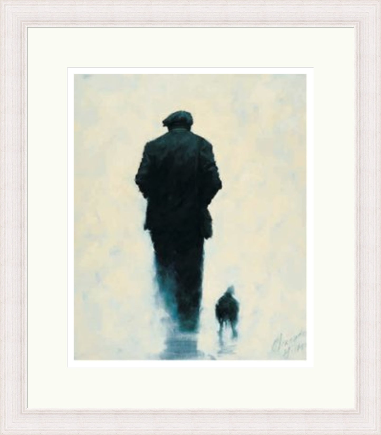Pals by Alexander Millar framed wall art print showing a flat-capped man walking with a small dog against a soft blue and white background
