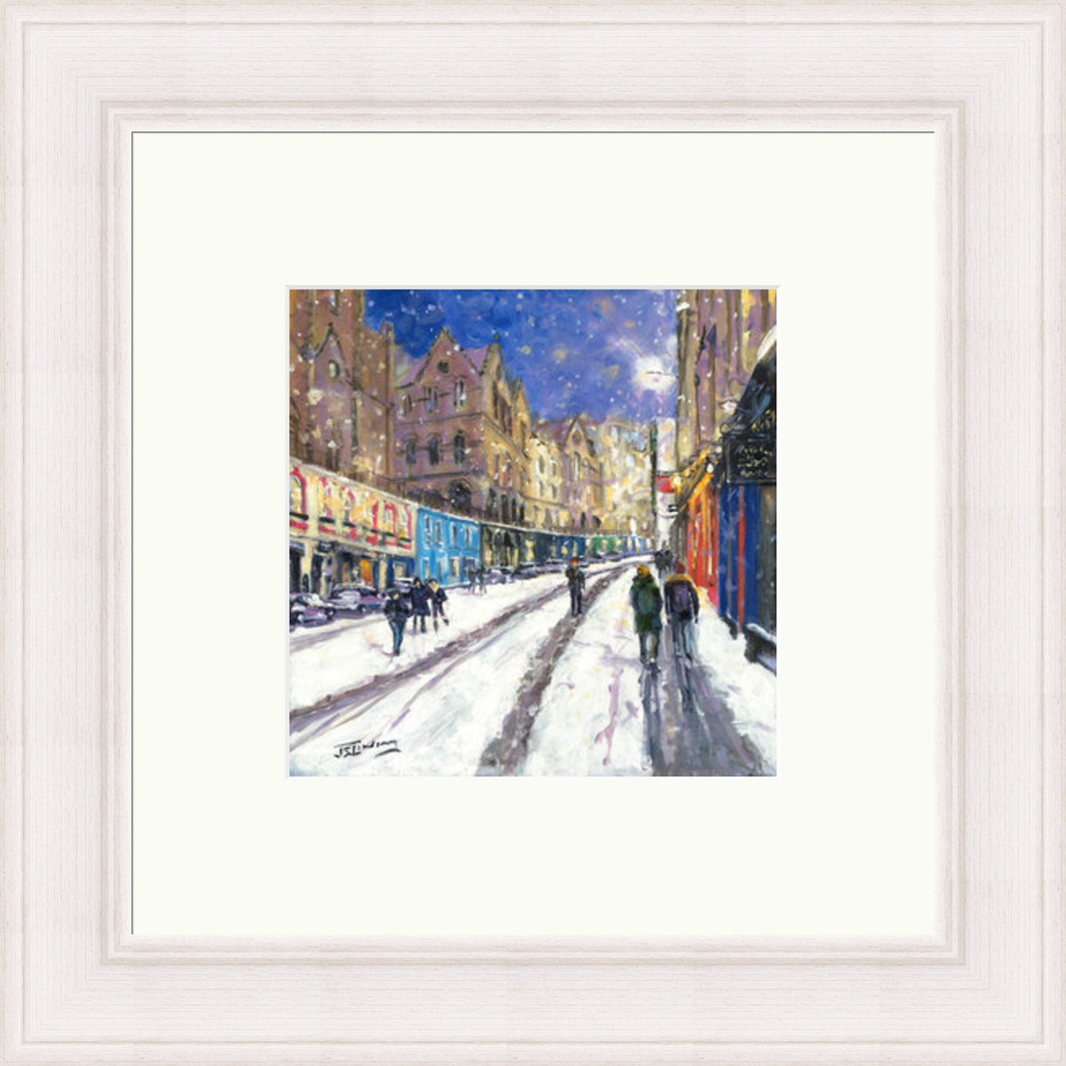 Heavy Snowfall, Victoria Street Edinburgh by James Somerville Lindsay miniature framed wall art print depicting a city scene centred on Victoria Street in Edinburgh during the colder months
