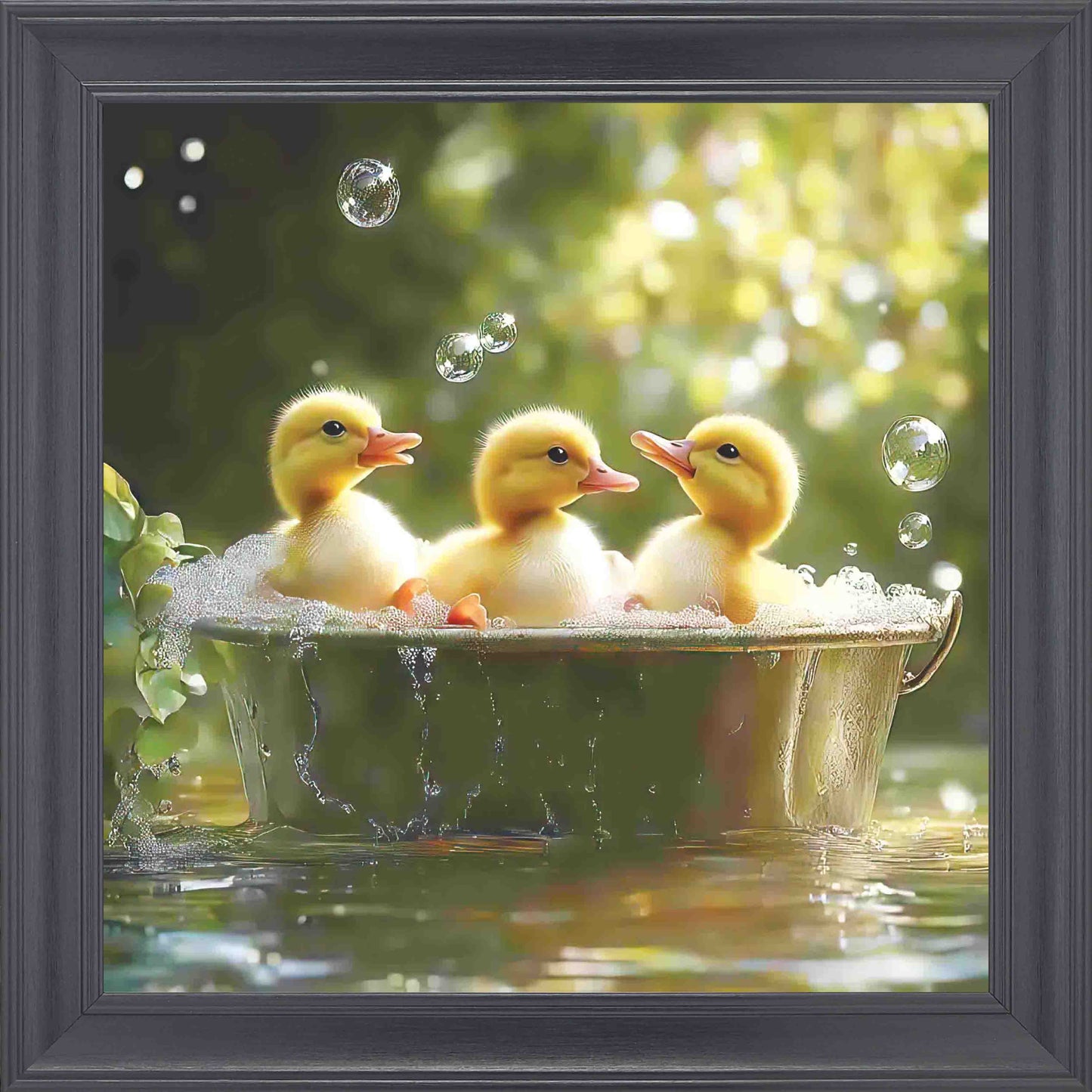 3 Ducklings In Tin Bath Framed Wall Art - Black