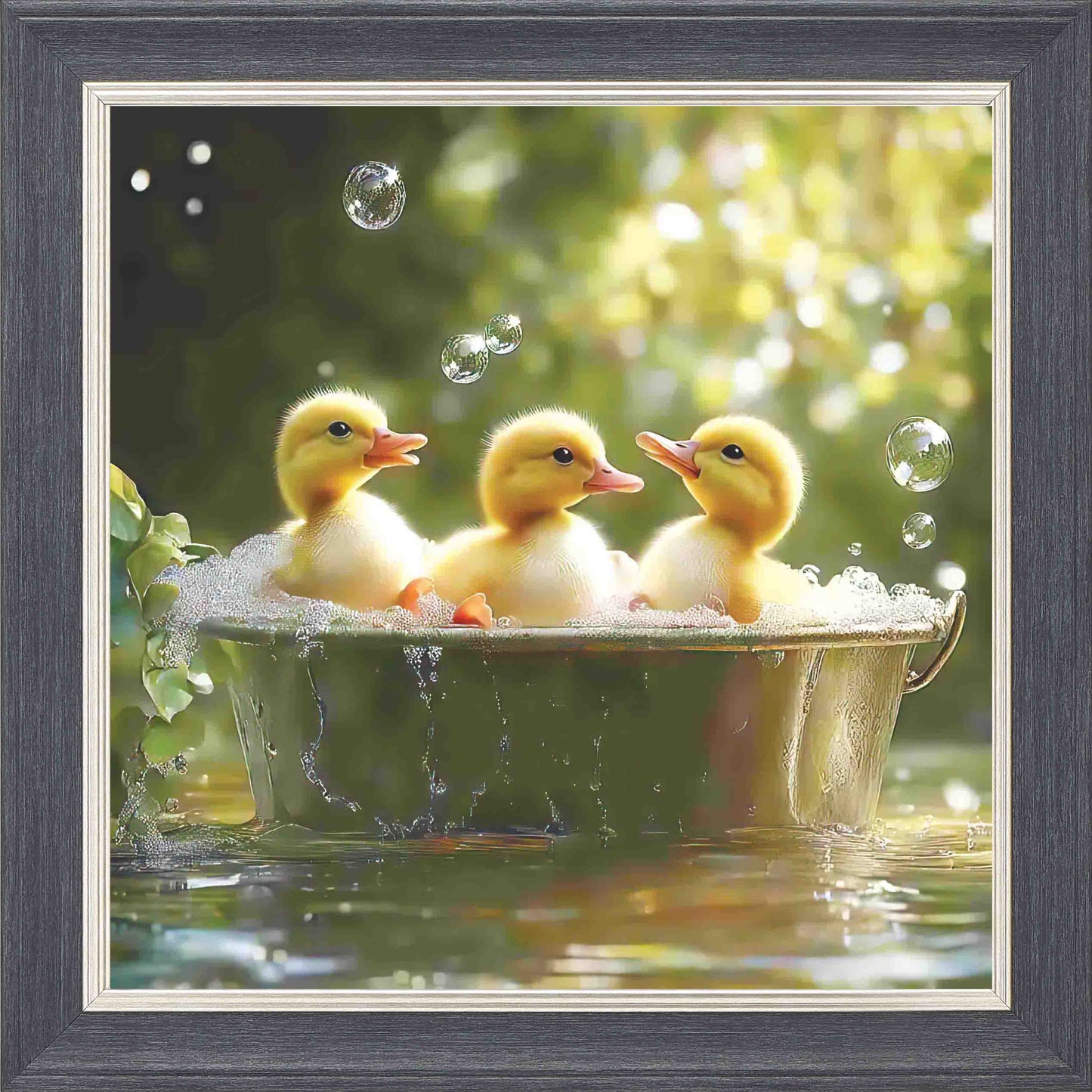 3 Ducklings In Tin Bath Framed Wall Art - Grey with Silver Trim