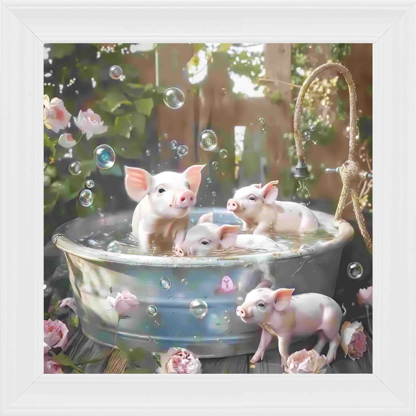 4 Piglets In Tin Bath Framed Wall Art - White