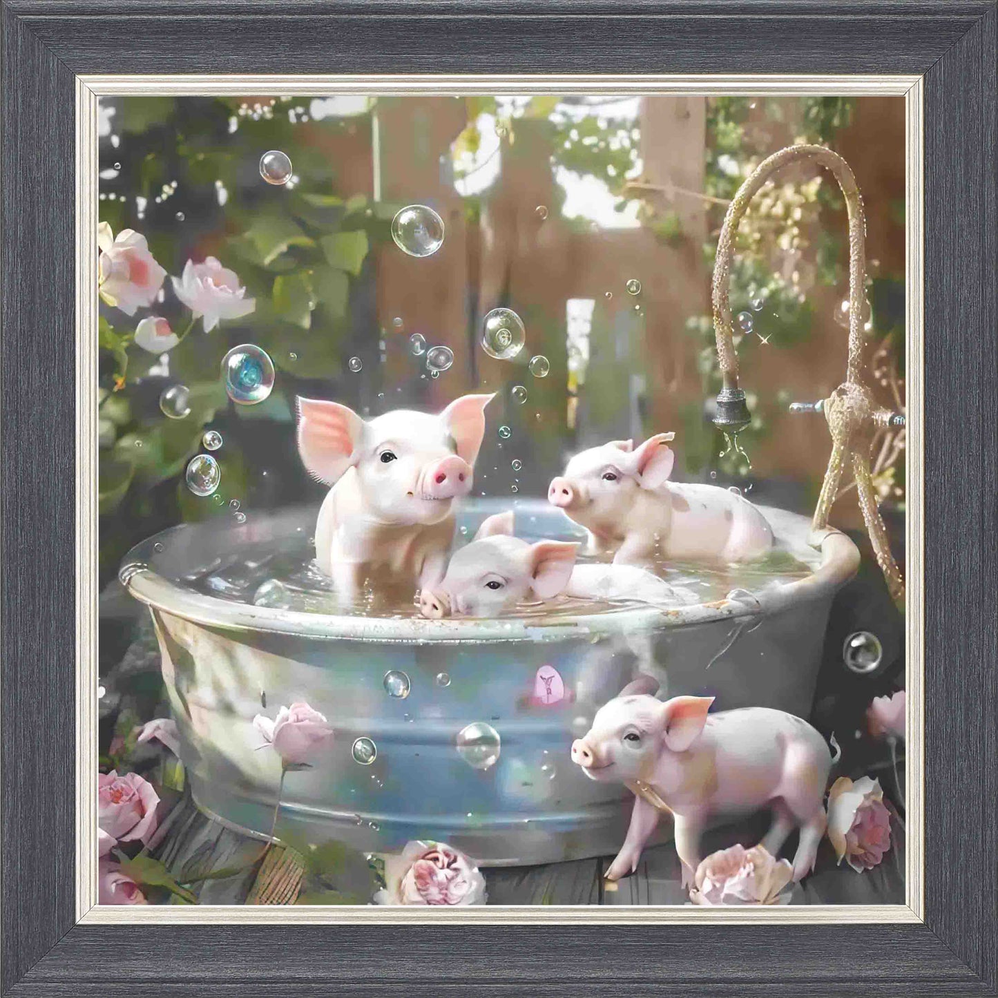 4 Piglets In Tin Bath Framed Wall Art - Grey with Silver Trim