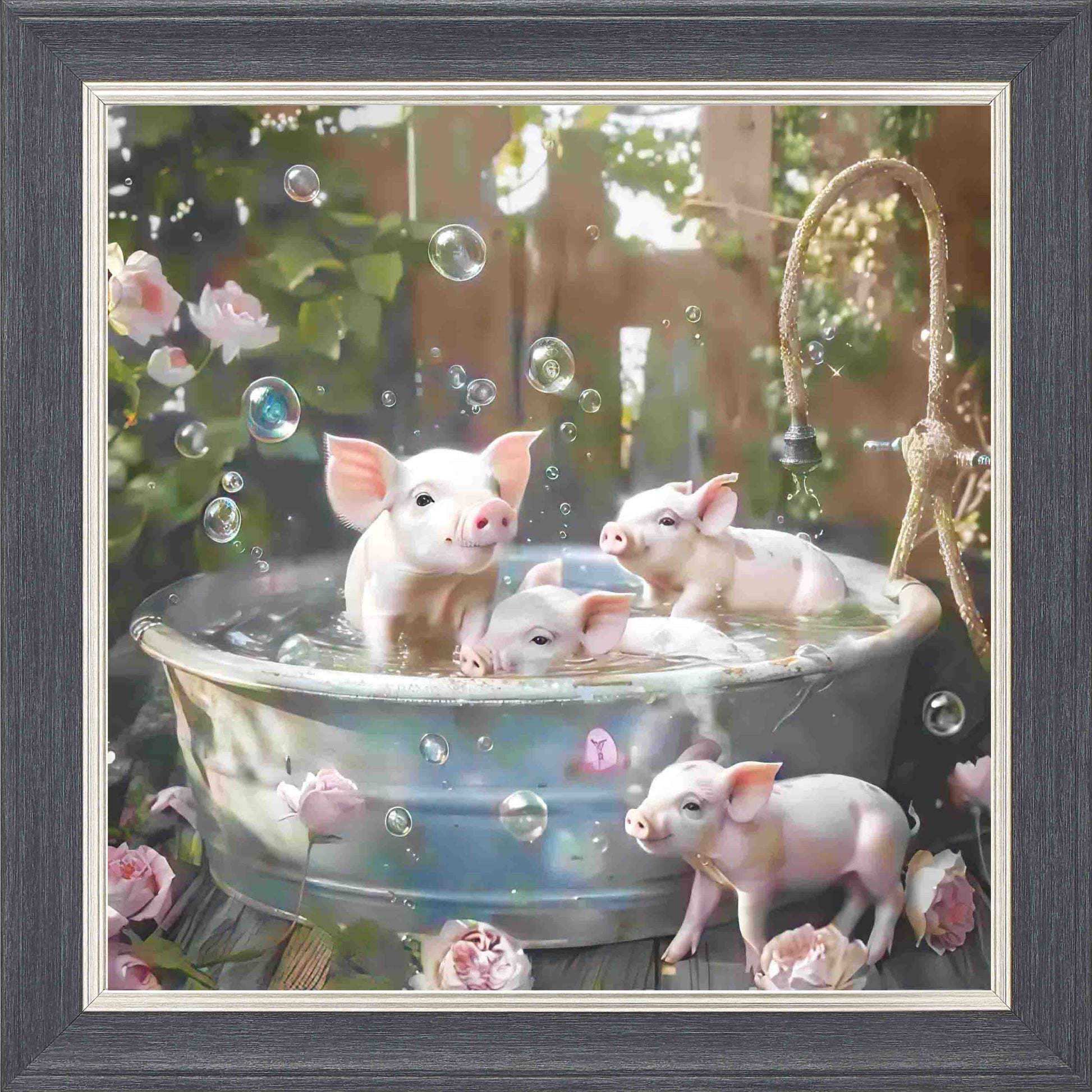 4 Piglets In Tin Bath Framed Wall Art - Grey with Silver Trim