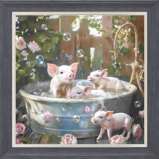 4 Piglets In Tin Bath Framed Wall Art - Grey with Silver Trim