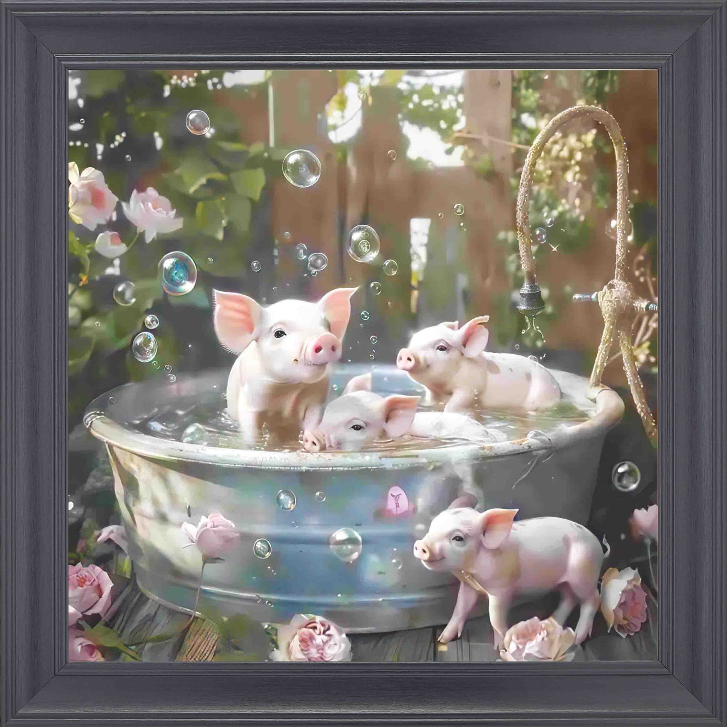 4 Piglets In Tin Bath Framed Wall Art - Black