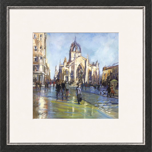 After the Rain, Royal Mile, Edinburgh by James Somerville Lindsay framed wall art print depicting a city scene centred on Edinburgh's historic Royal Mile in wet weather