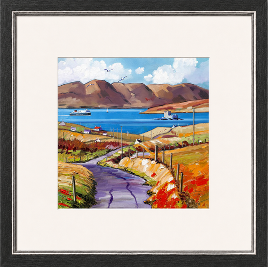 Approaching Barra by Daniel Campbell framed wall art print showing a coastal approach towards Barra across calm blue water