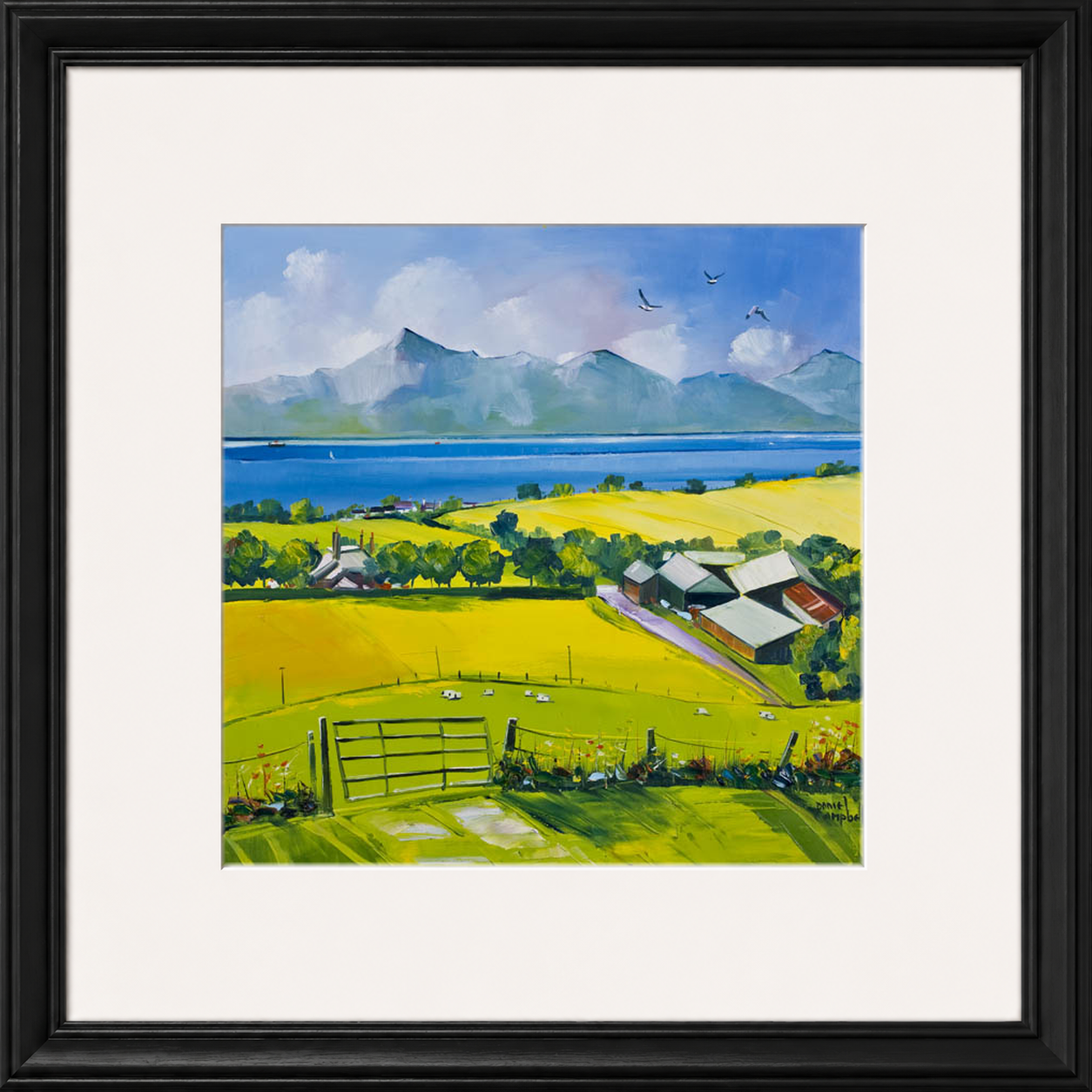 Arran View by Daniel Campbell framed wall art print showing a calm coastal view towards Arran beneath a spacious sky